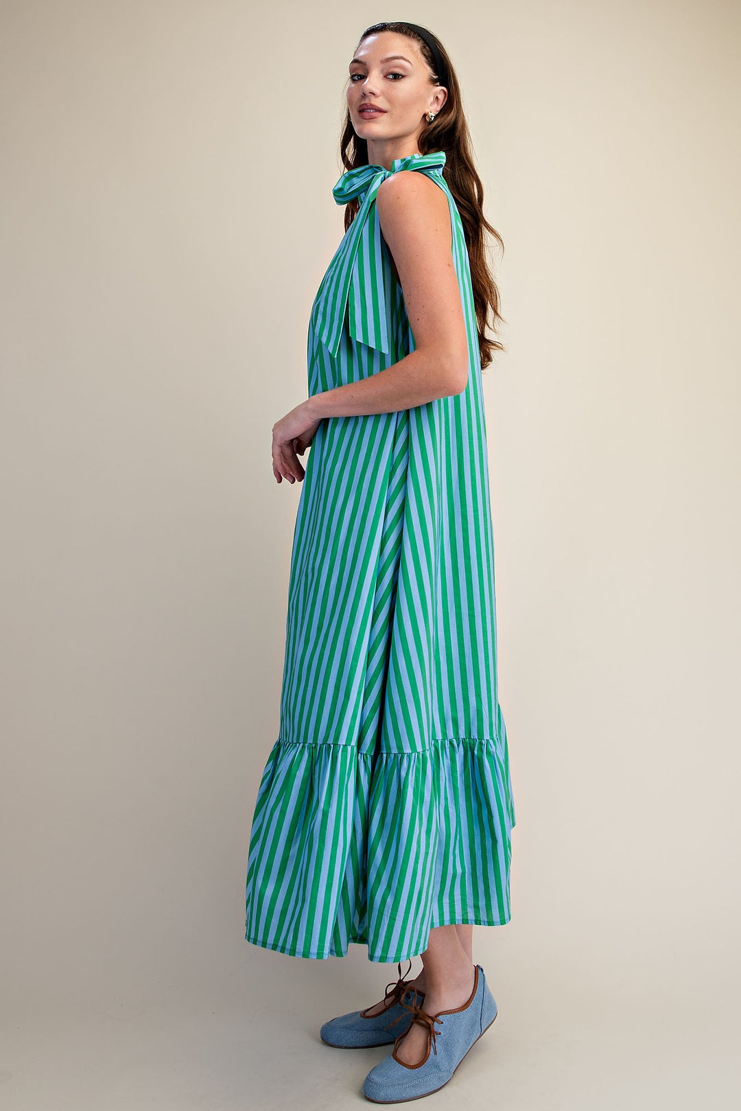 Annie Ruffle Neck Tie Sleeveless Stripe Midi Dress