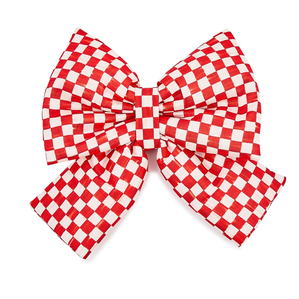 Red polyester check bow measuring 8 inches wide with a gathered center knot.