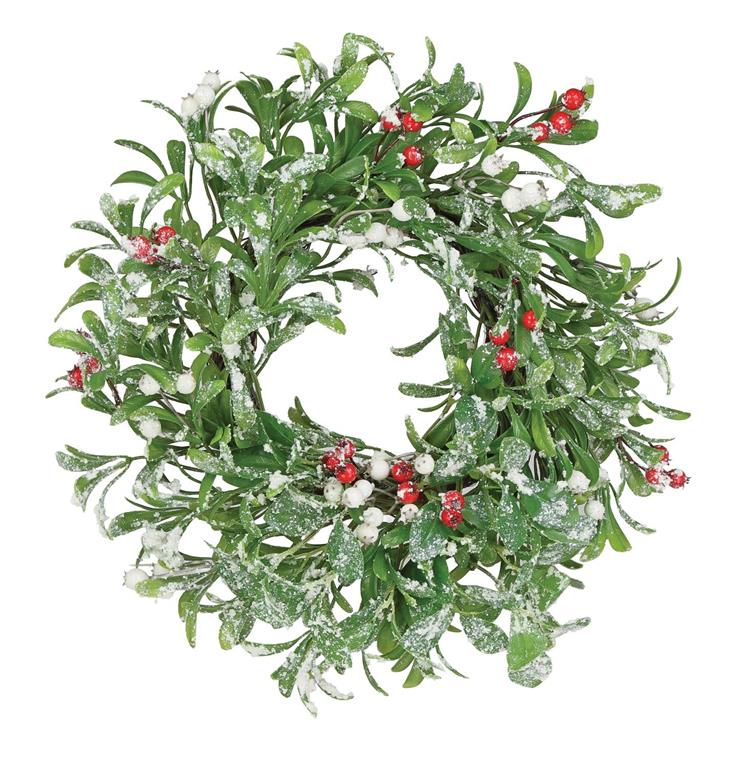 16-inch flocked mistletoe and berry candle ring with snow-dusted green leaves and red berries.
