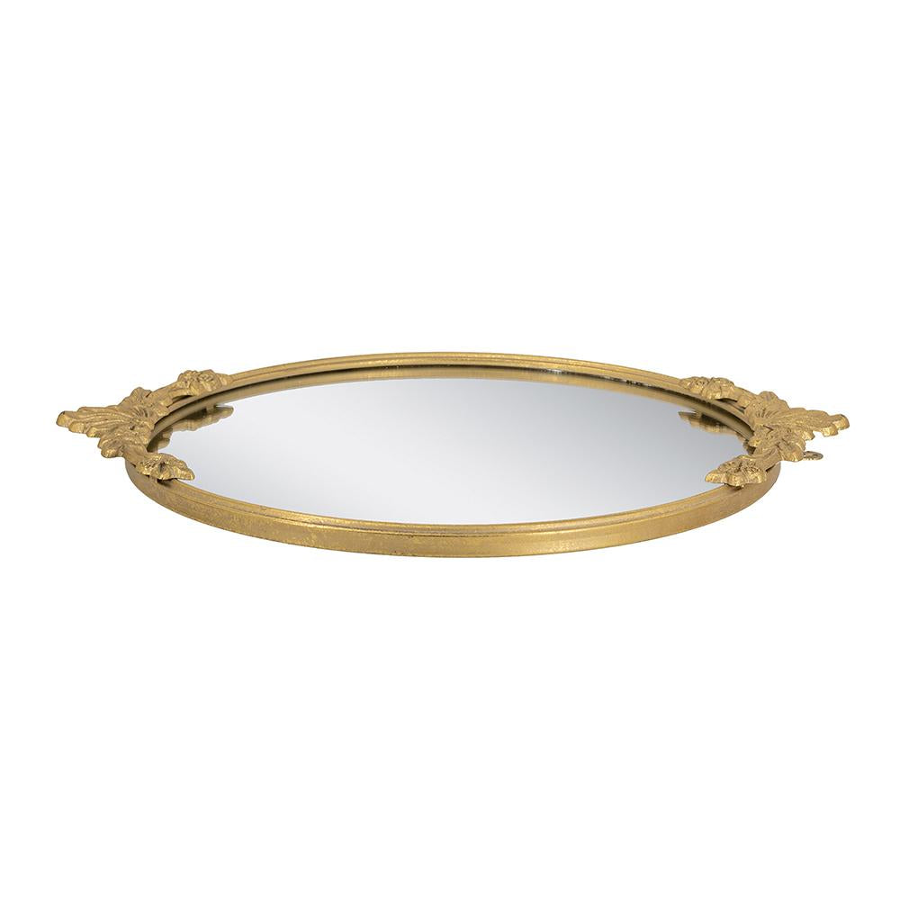 Gold iron frame mirror tray with intricate floral cutout patterns