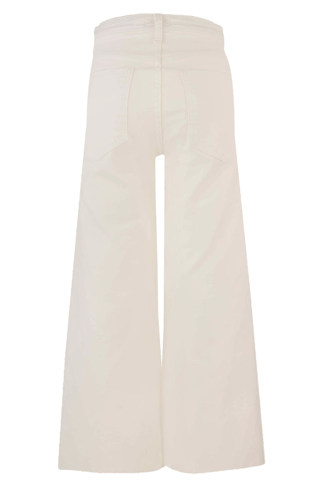 Back view of Meg High Rise Fab Ab Wide Leg jeans in white with rear pockets and a raw hem.