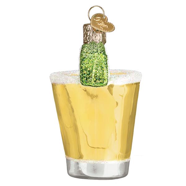 Glass tequila shot ornament with a salted rim, lime wedge, and gold heart-shaped charm.