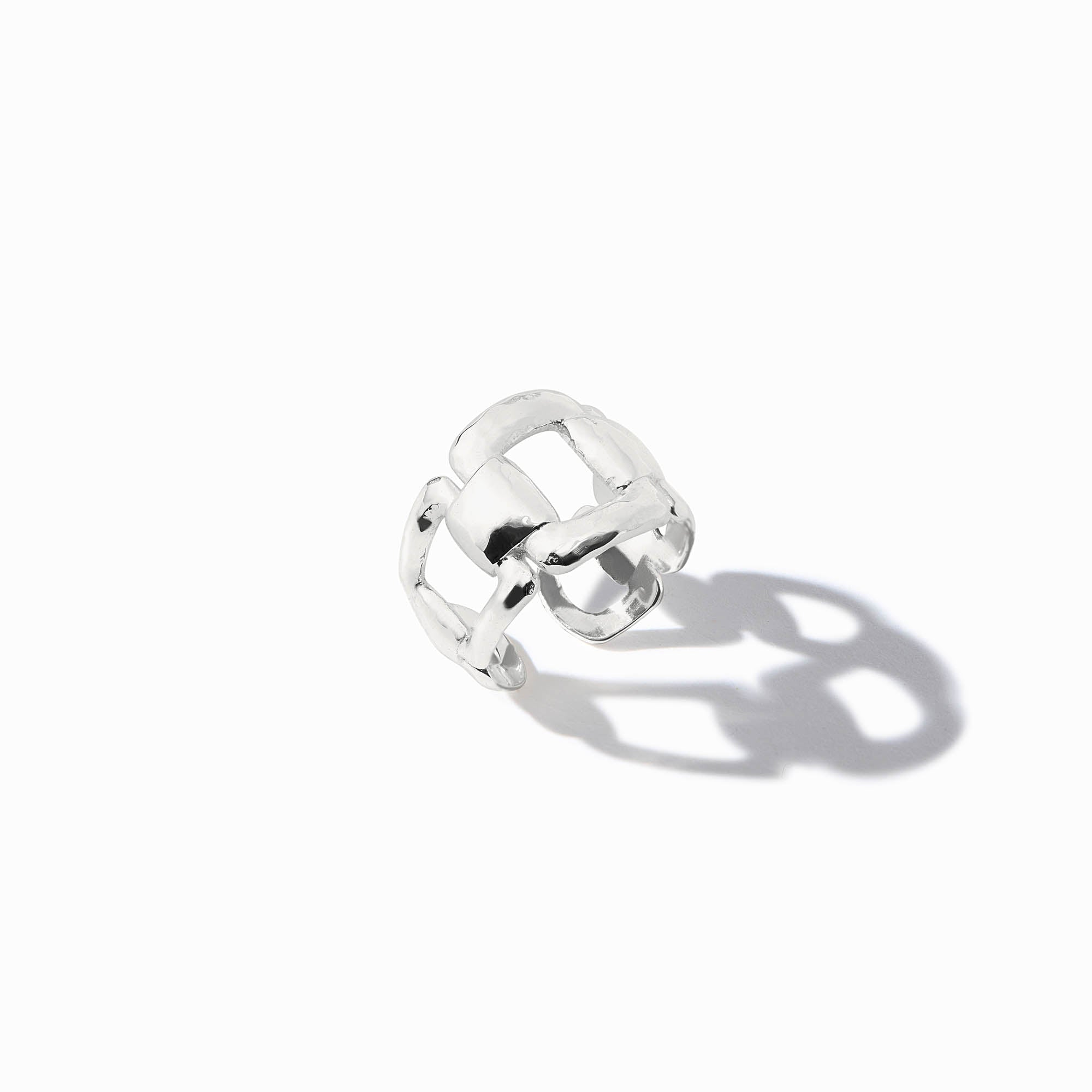 Sahara Ring Silver, a wide sterling silver band with an open, interlocking geometric design.