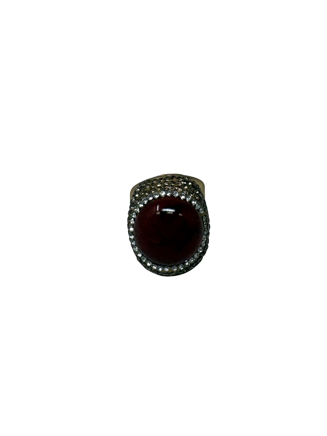 Queen of Sheba Fashion Ring featuring a large round dark red stone surrounded by small crystals.