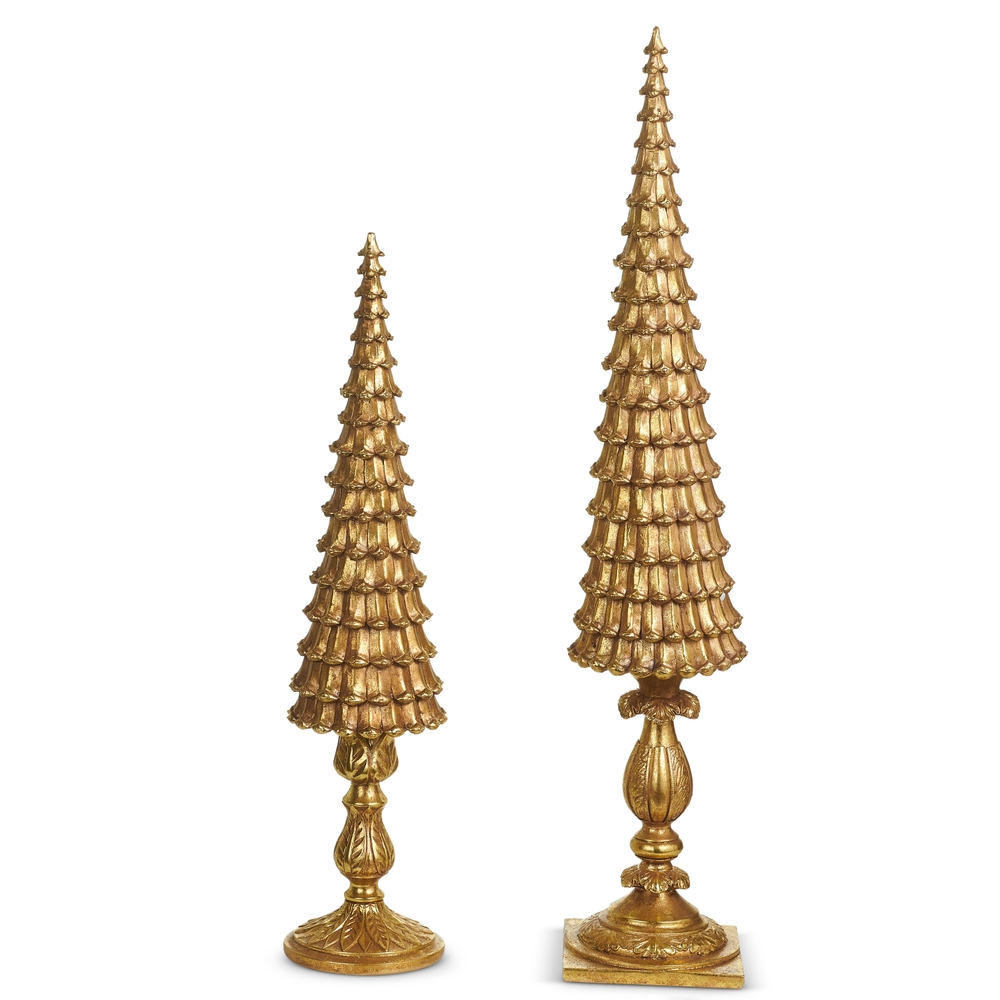 Two gold pinecone-textured tabletop Christmas trees on decorative pedestals of varying heights.