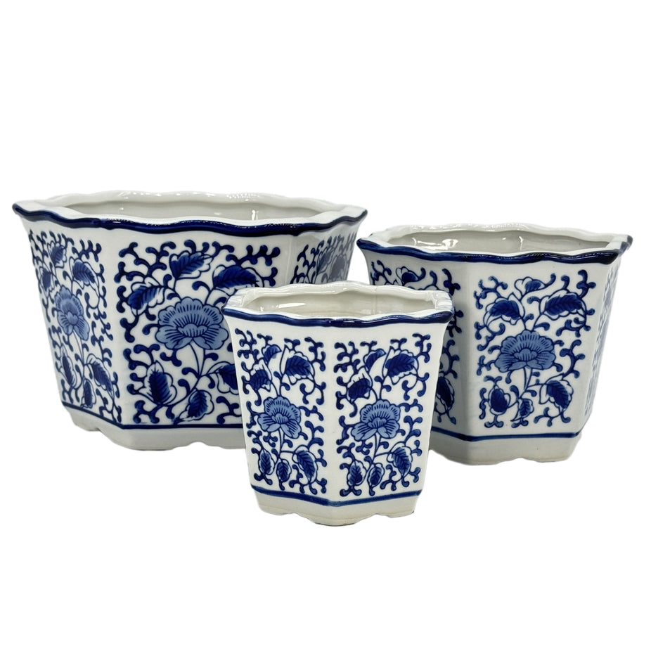 Blue & White Hexagon Floral Ceramic Ruffled Lip - Sold Individually