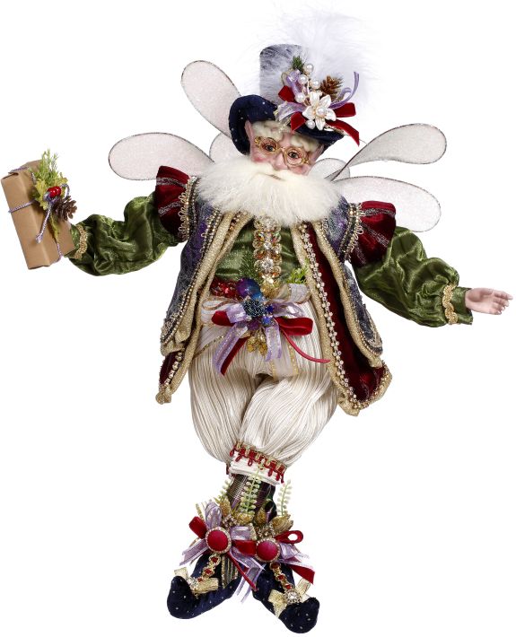 Festivities Fairy figurine with white beard, green jacket, and striped pants, holding a gift.