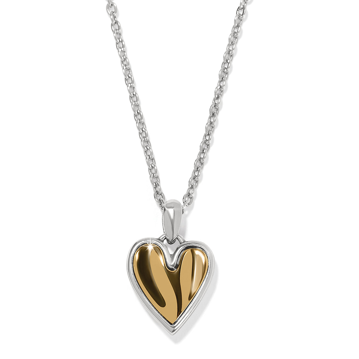 Cascade Heart Petite Necklace with a two-tone silver and gold sculpted heart pendant on a chain.