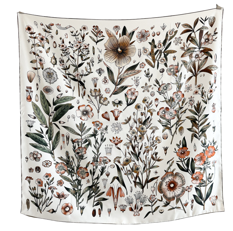 Reversible wool and silk square scarf featuring a botanical floral print in earth tones.