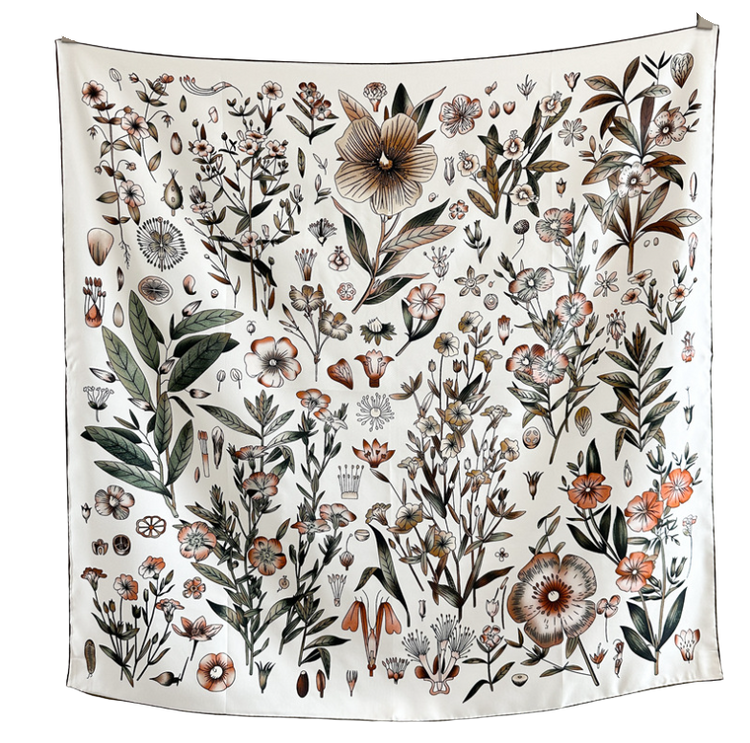 Reversible wool and silk square scarf featuring a botanical floral print in earth tones.