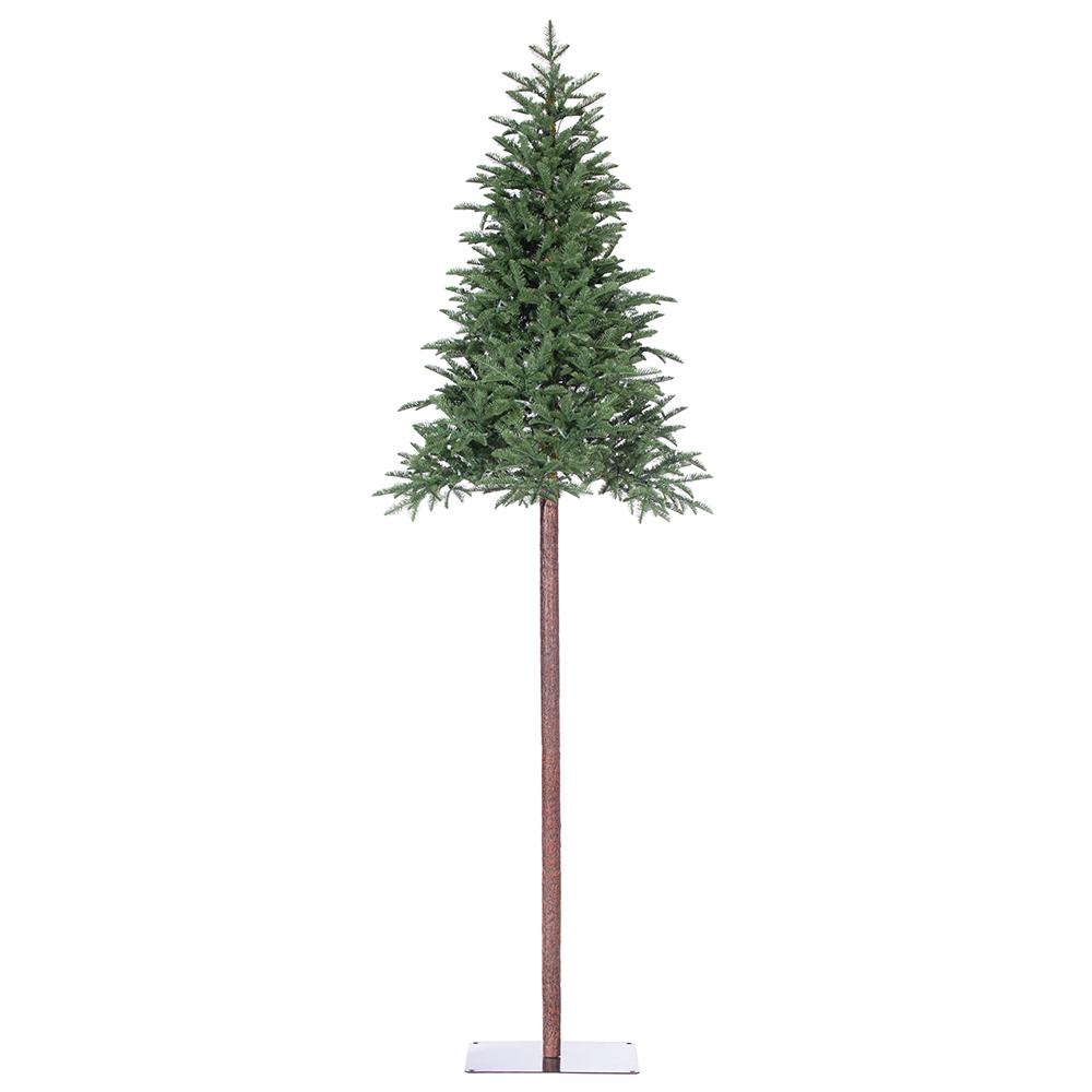 9-foot Pencil Pine Tree with 300 warm white LED lights on a tall trunk and metal square stand.