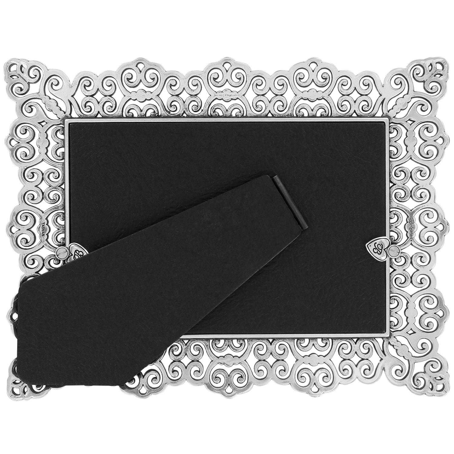 Back view of the silver-plated Geneva Large Frame with a black easel stand and ornate scrollwork.
