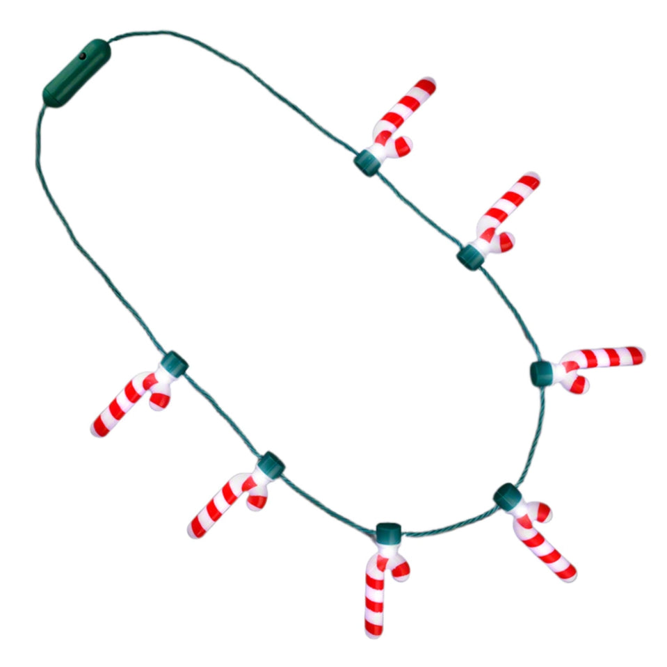 Light up Christmas necklace with seven red and white candy cane charms on a green string.