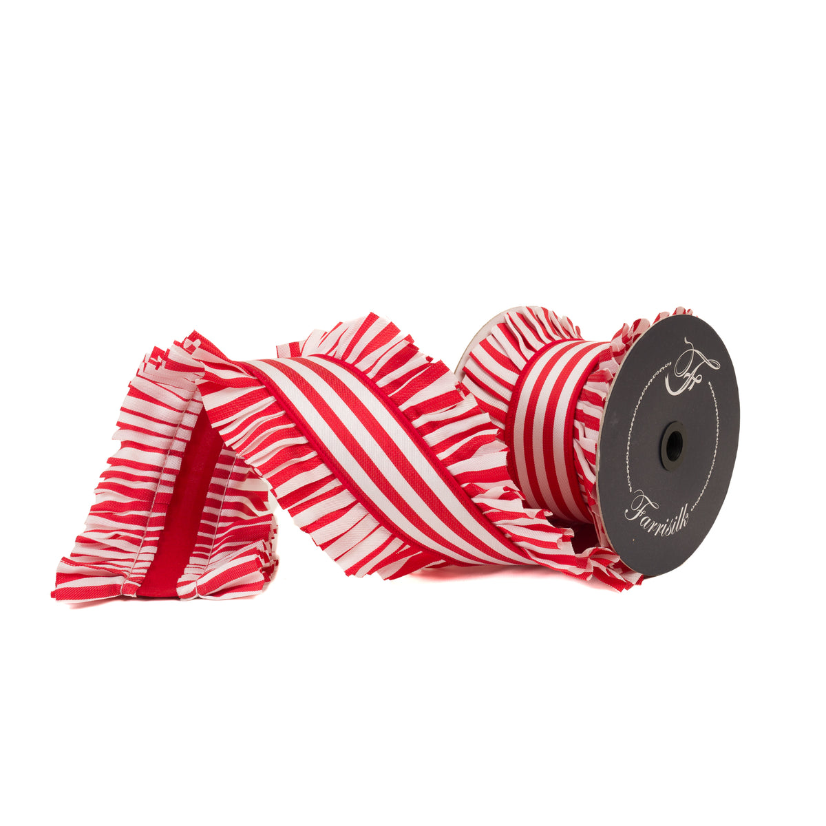 4.5 inch by 5 yard red and white candy wrap ruffle ribbon on a black spool.