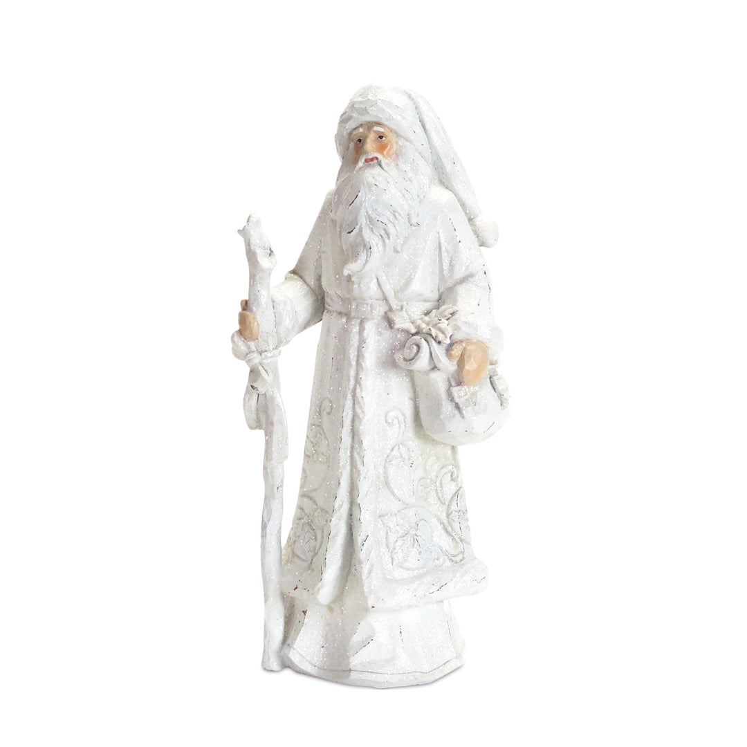 Thirteen-inch polyresin Santa figurine with red suit and white beard.