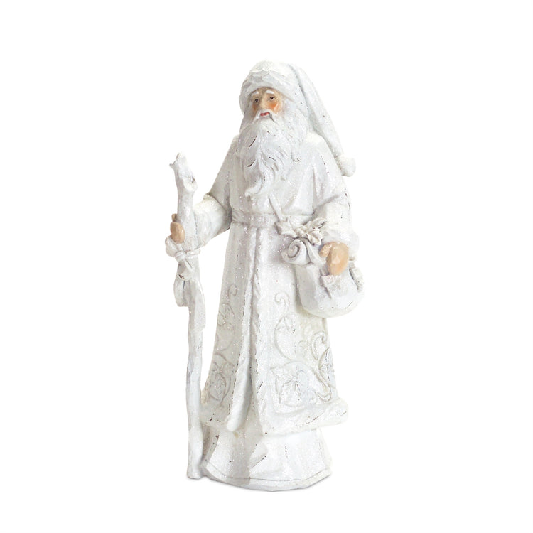Thirteen-inch polyresin Santa figurine with red suit and white beard.