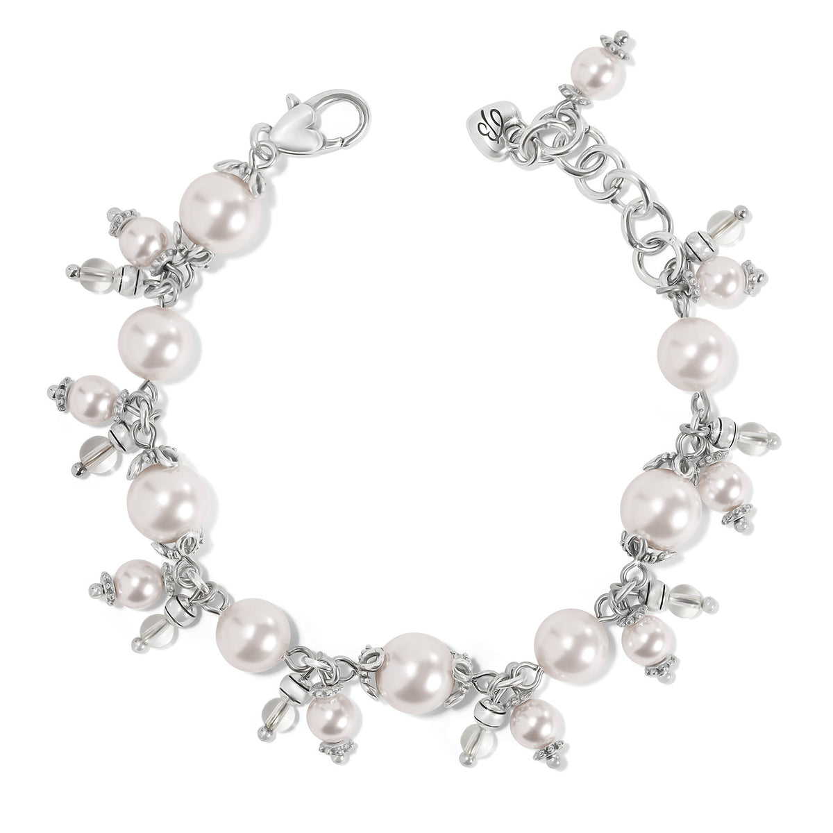Silver-plated bracelet with white glass pearls and clear beads, featuring a lobster claw closure.