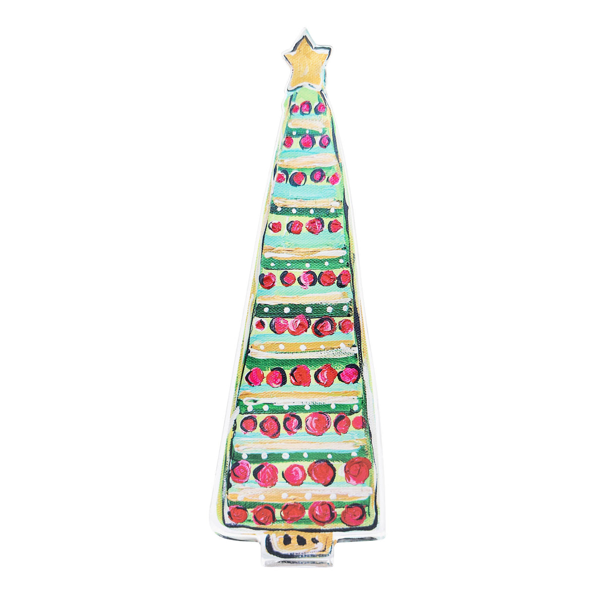 Bright gold and green acrylic Christmas tree stand with colorful painted ornaments and a gold star.