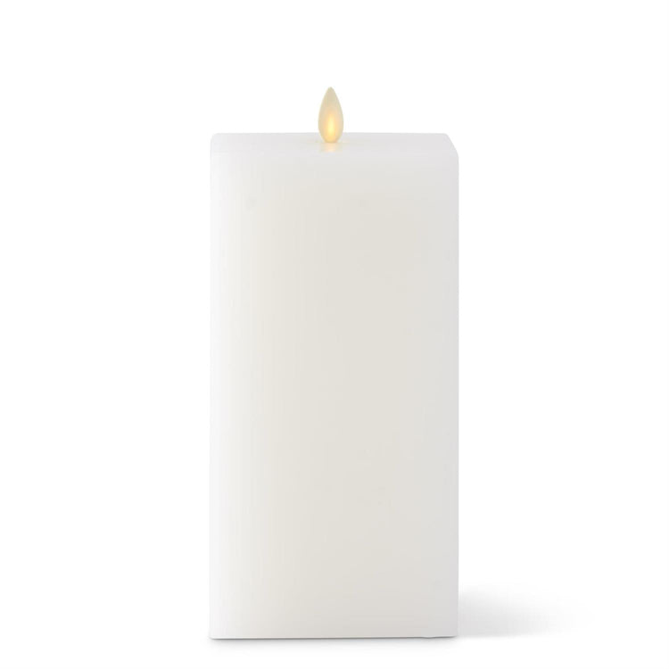 White wax Luminara indoor square flameless candle with a realistic flickering LED flame.