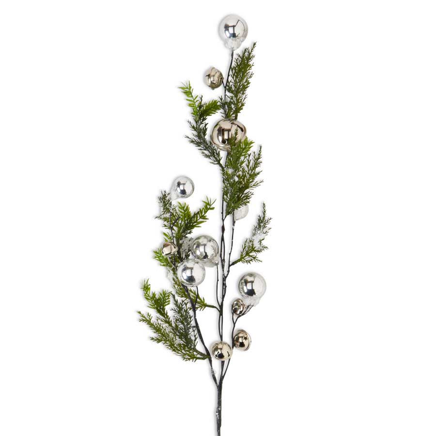 35-inch snowy pine branch decorated with silver bells and ornaments.