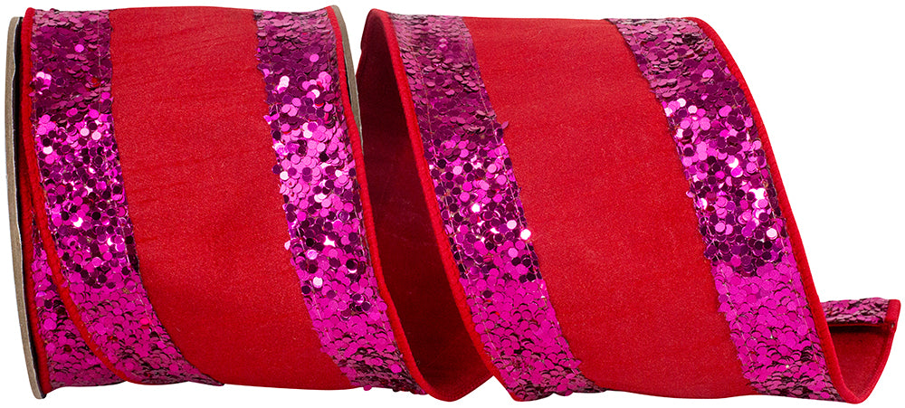 Red fuchsia dupioni fabric with glitter striped edge in a jumbo roll