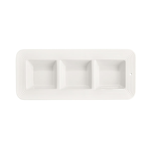 White rectangular ceramic garnish dish with three square compartments and a striped border.