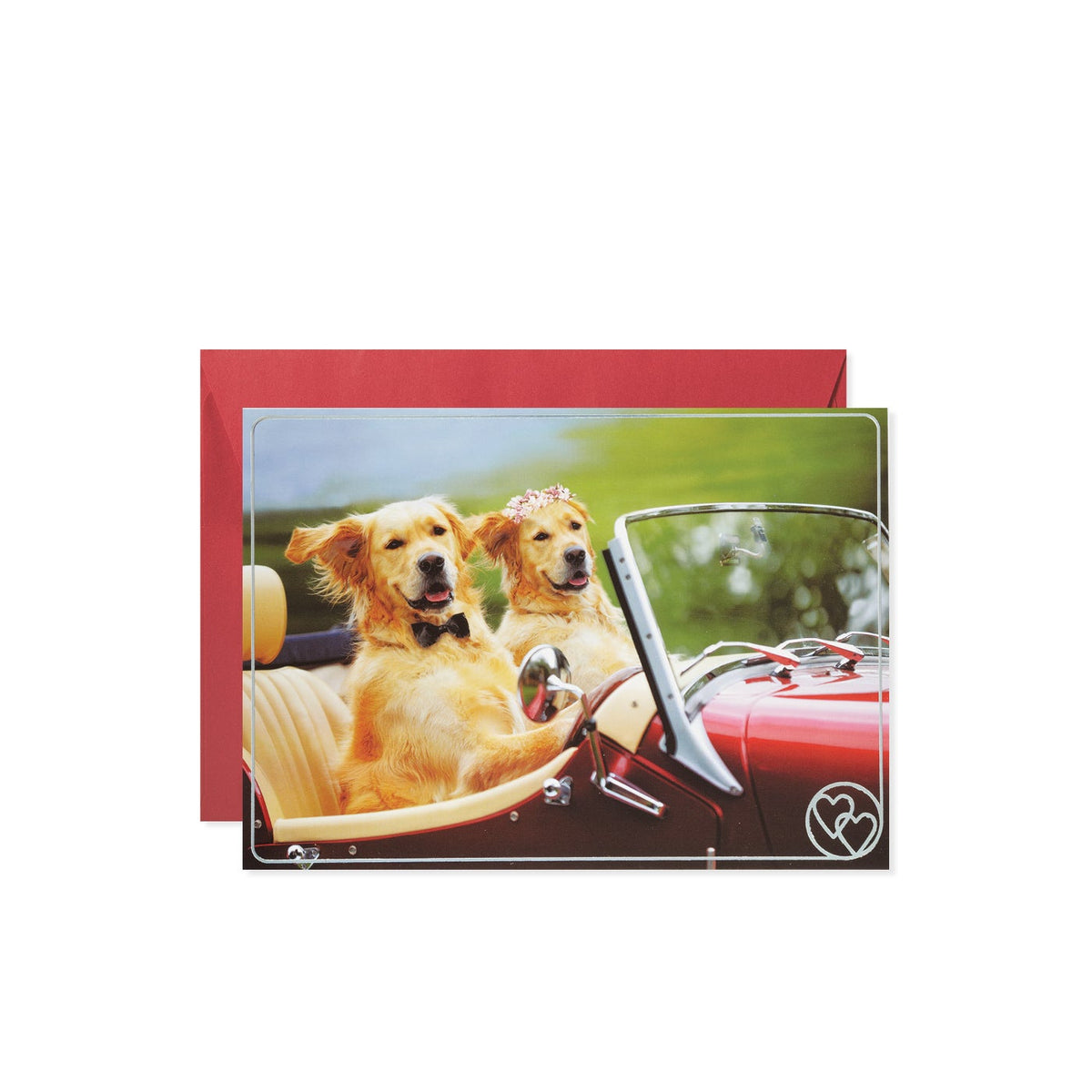 Wooden toy car shaped like a convertible with two dog figures driving.