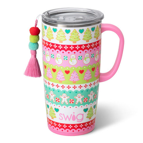 Silver stainless steel travel mug with a slim handle and silicone base.