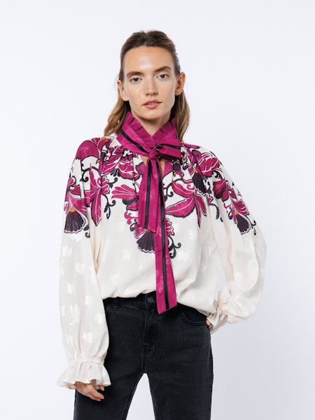 Kim Floral Engineered Print Blouse in soft pink with white floral pattern