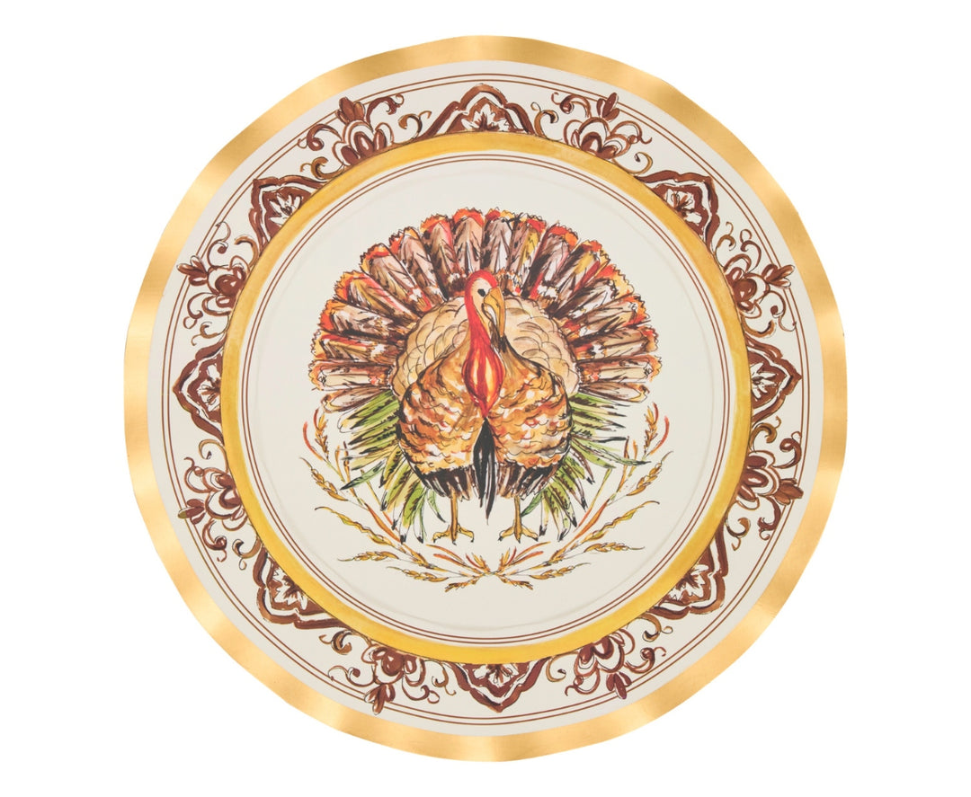 Wavy paper dinner plate with a central turkey illustration and gold-rimmed decorative border.
