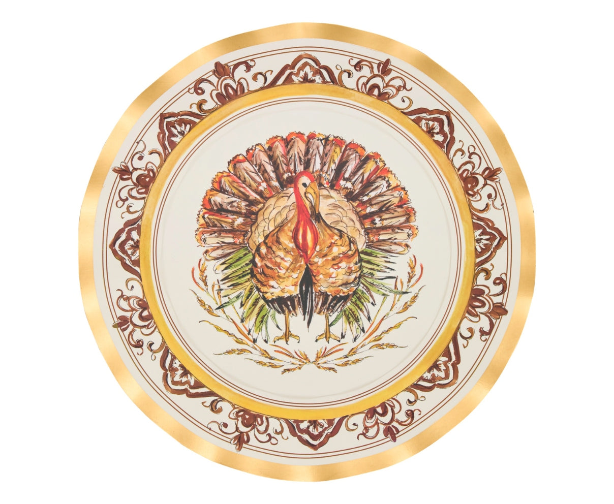 Wavy paper dinner plate with a central turkey illustration and gold-rimmed decorative border.
