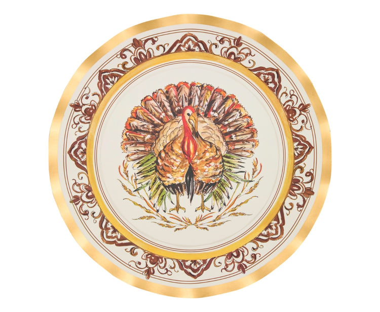 Wavy paper dinner plate with a central turkey illustration and gold-rimmed decorative border.