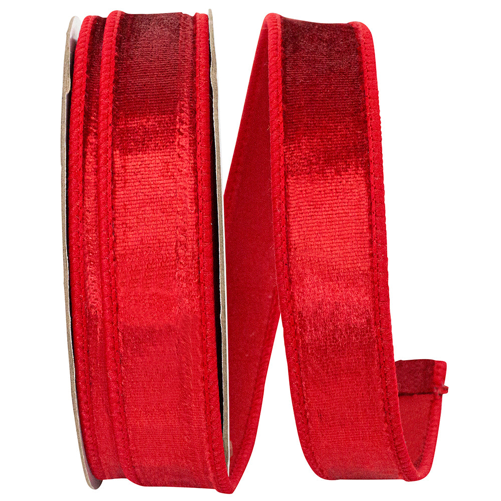 1-inch wide red plush velvet ribbon with wired edges on a spool.