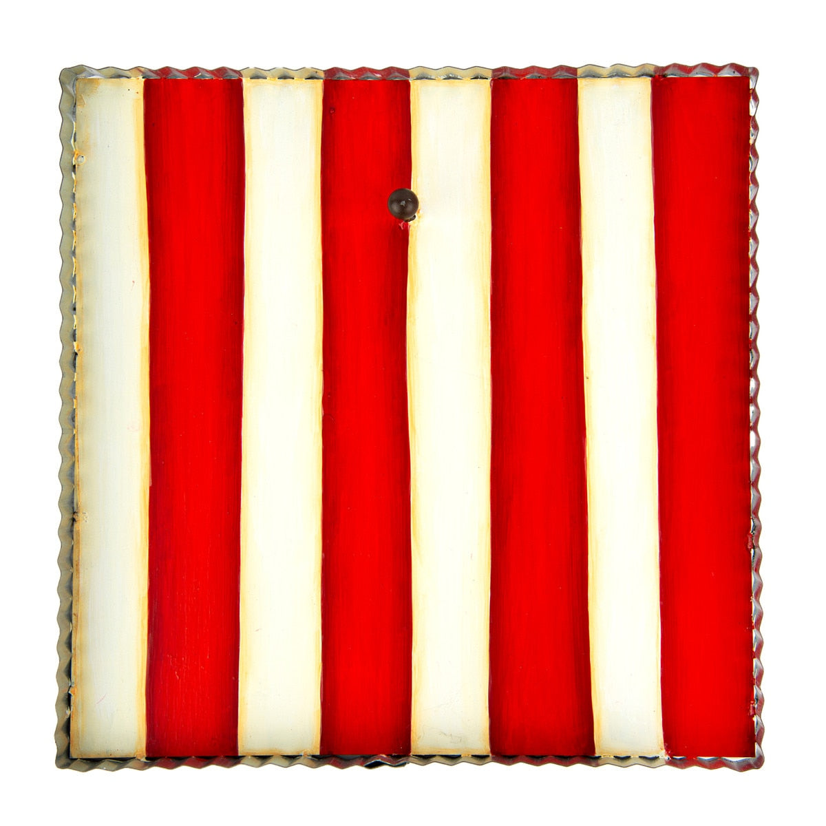 Square red and white vertical striped display board with a scalloped metal edge and a center hook.