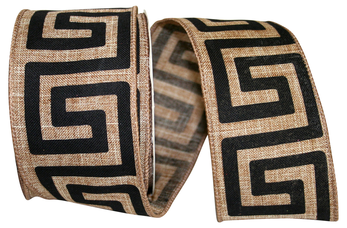 Natural linen wired edge ribbon with a Grecian Key pattern in natural color.