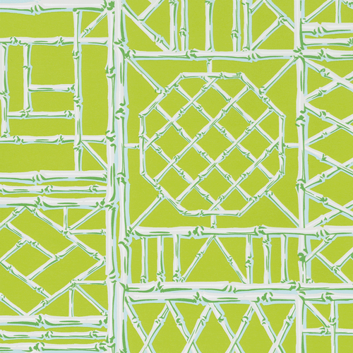 Lime green gift wrap featuring a white bamboo lattice pattern with geometric shapes.