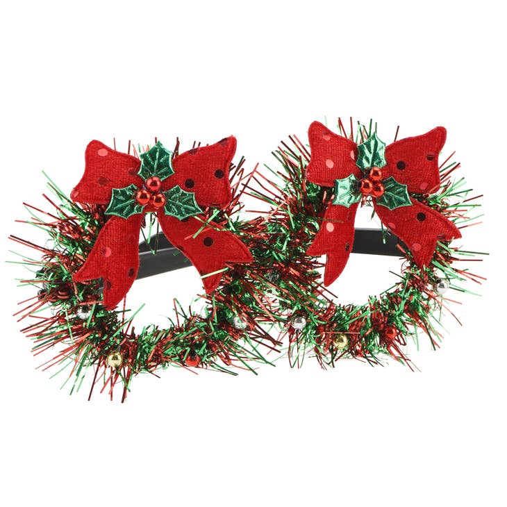 Red tinsel Christmas glasses with silver glitter trim