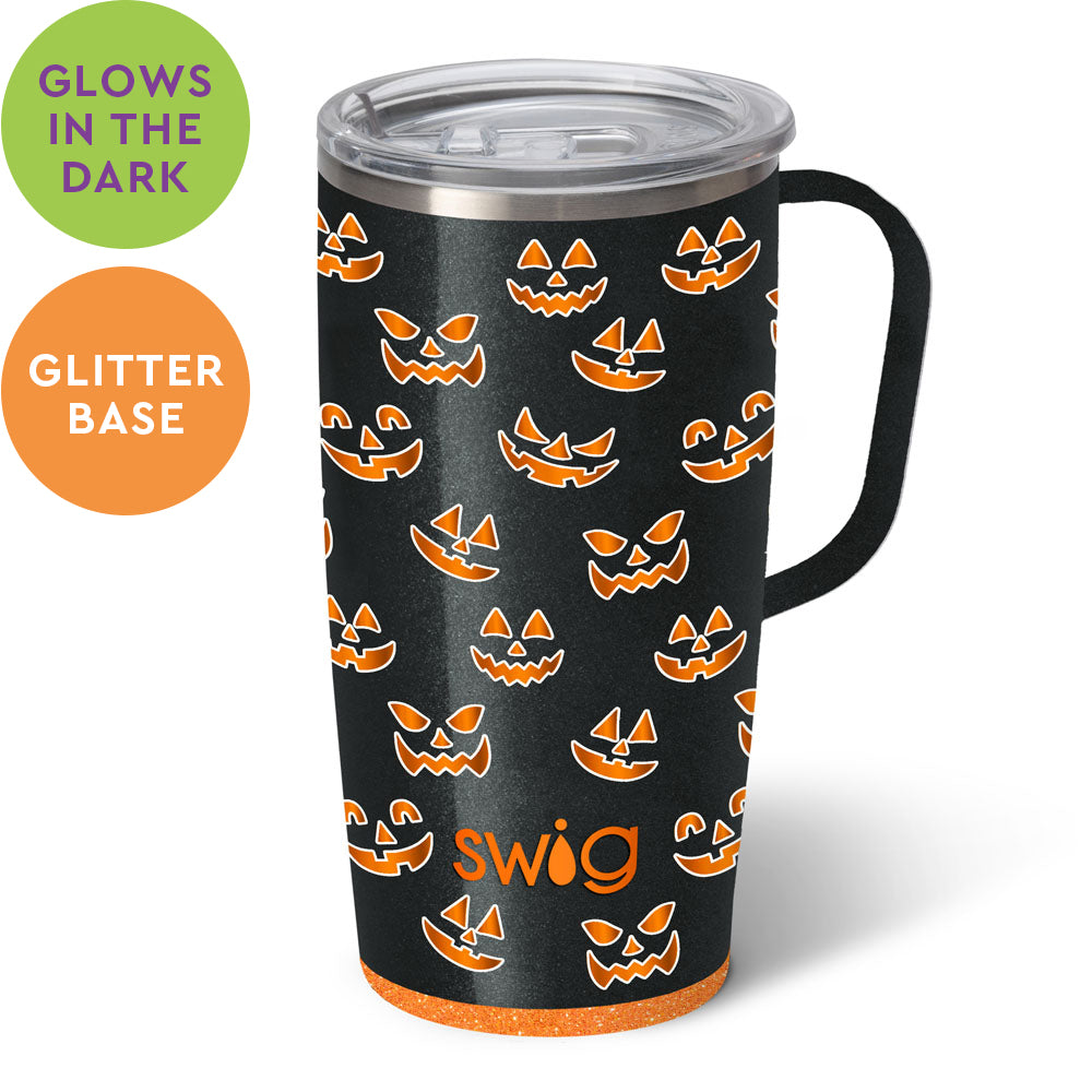 Silver stainless steel travel mug with a slim metal handle and large lid.