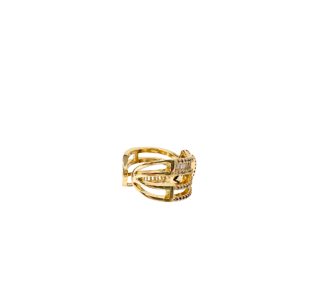 Gold fashion statement ring with a wide, multi-band cage design and sparkling stone accents.