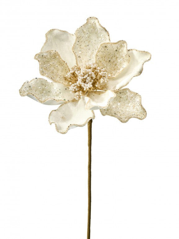 21-inch white velvet magnolia stem with pearl accents and glittered petal edges.