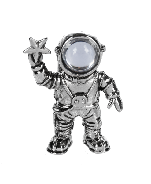 Silver Moon Man charm figurine of an astronaut holding a star.