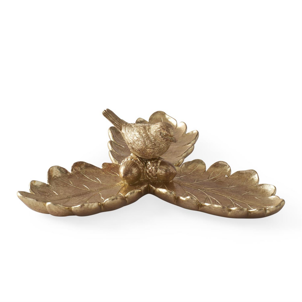 8.75 inch gold resin tray featuring three oak leaves, two acorns, and a small bird figurine.
