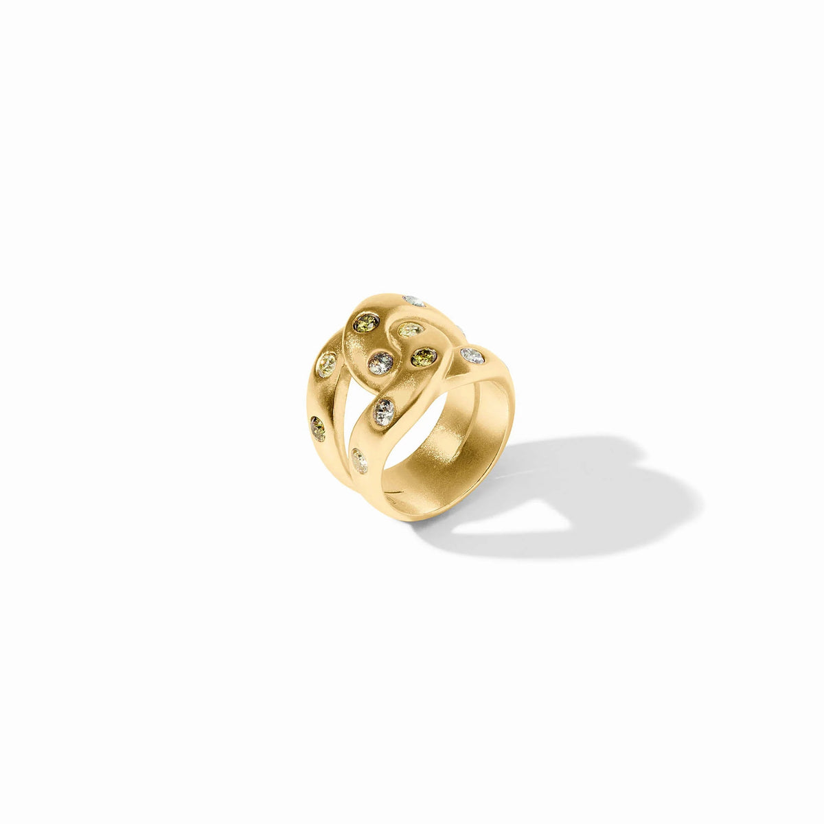 Rainbow infinity ring with a multicolor band featuring gold plating and cubic zirconia stones in an open silhouette.