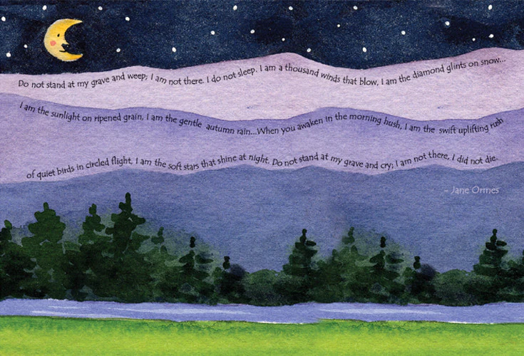 Sympathy card featuring Jane Ormes poem text with glitter moon over mountains pattern and 'With Deepest Sympathy' inside.