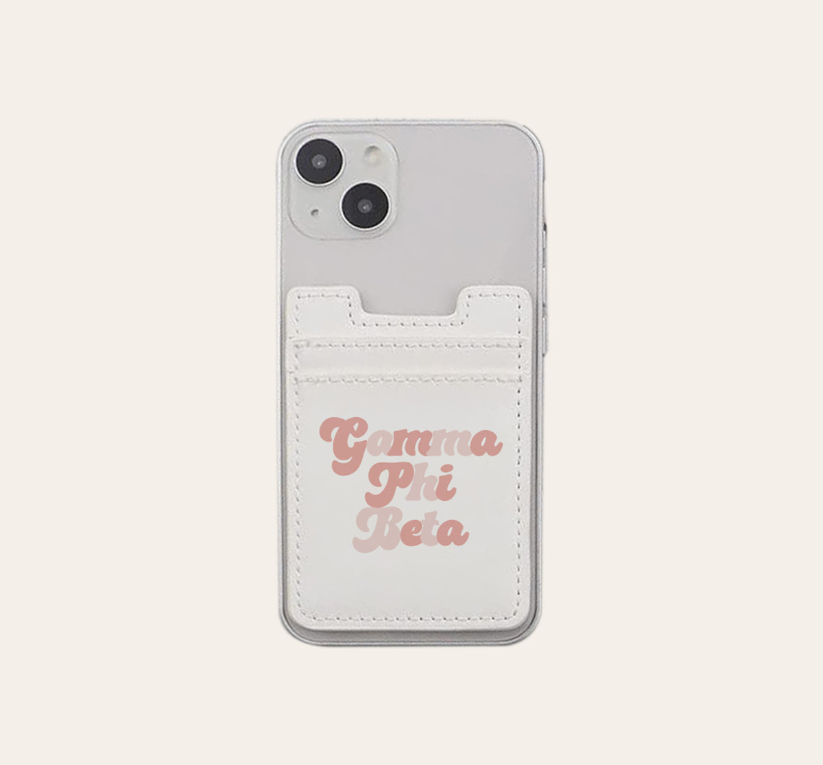 Pink sorority-themed stick-on phone wallet with Greek letter pattern.