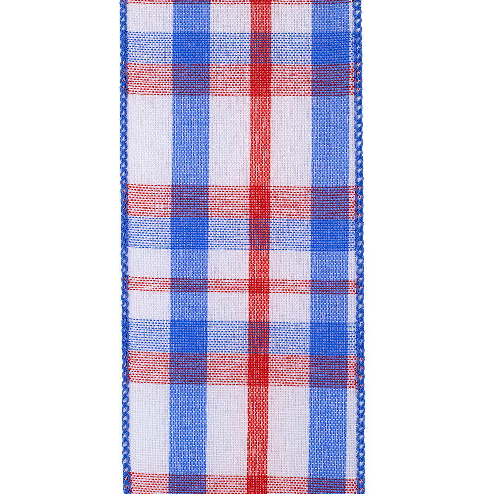 Patriotic plaid wired-edge ribbon in red, white, and blue polyester.