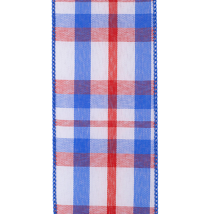 Patriotic plaid wired-edge ribbon in red, white, and blue polyester.