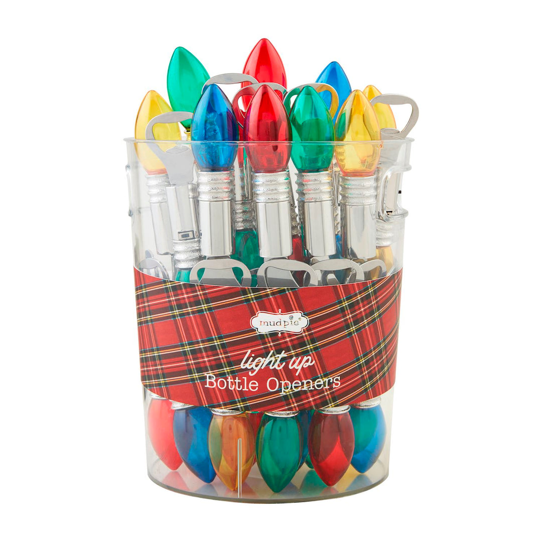 Clear bucket filled with colorful Christmas bulb light-up bottle openers in red, green, and blue.
