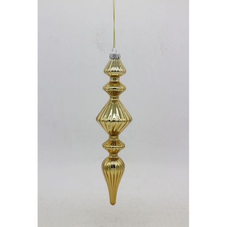 Shiny glass finial ornament with a reflective finish.