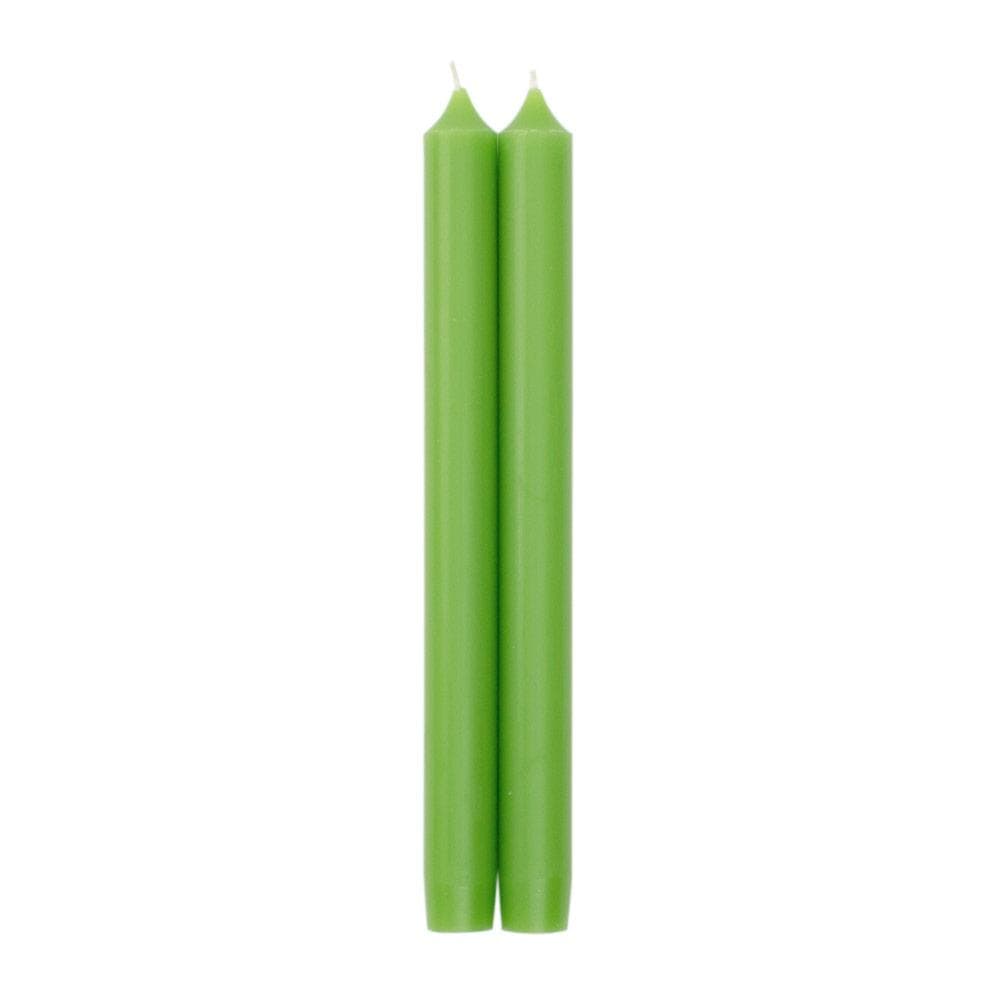 Ten-inch tapered crown candle in cream paraffin and palm wax blend with lead-free cotton wick.